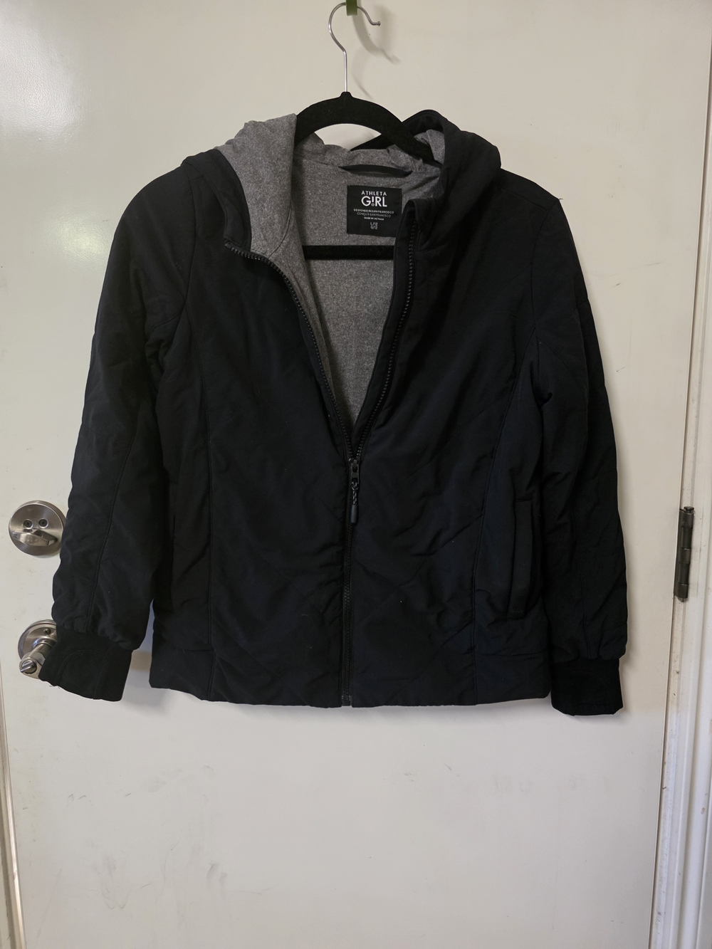 Athleta Girl Black Hooded Puffer with Gray Lining